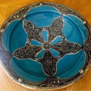 Large, Moroccan Hand-Made, Ceramic Plate/Bowl w/ Metal Filigree. 13” Diam. Teal.